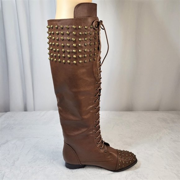 Pink Dutchess Chunky Heel Lace-Up Over The Knee Riding Boots With Studds - Picture 8 of 9